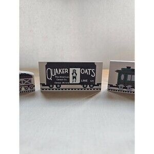 Cat's Meow Quaker Oats Train Engine Caboose Wooden Shelf Decor 3 Piece Set